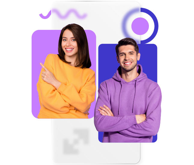 Uma mulher branca a esquerda apontando com o dedo para a esquerda e um homem branco a direita com braços cruzados