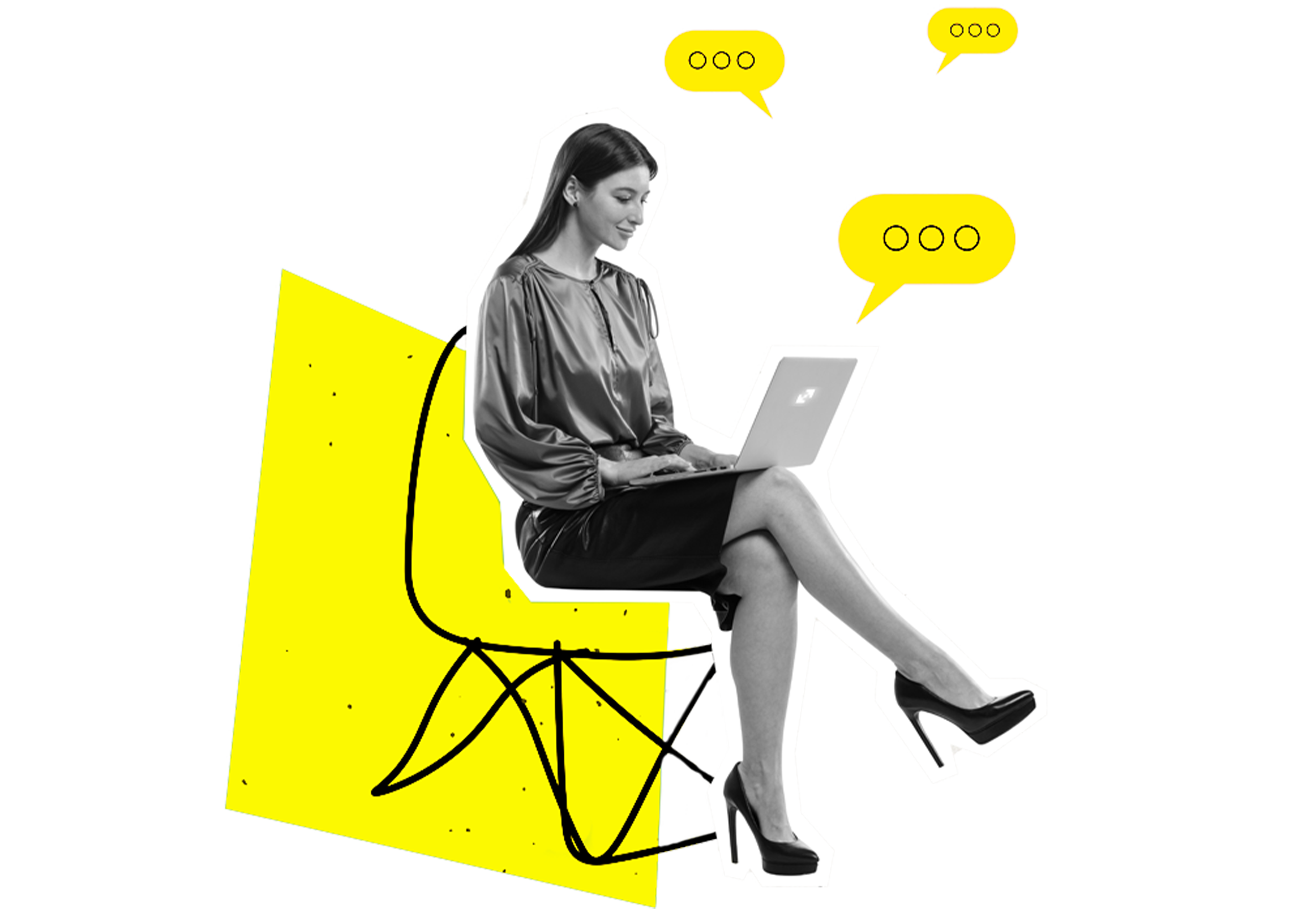 Mulher com notebook no colo em preto e branco e vários icones abstratos ao redor dela