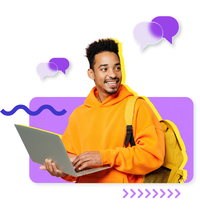 Homem negro com notebook na mão e com vários ícones ao seu redor.