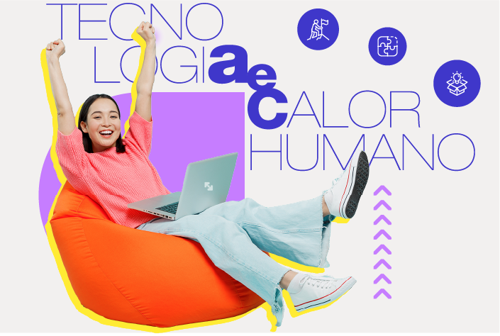 Mulher asiática branca com notebook no colo toda estilo com um lettering no fundo com os dizeres tecnologia e calor humano