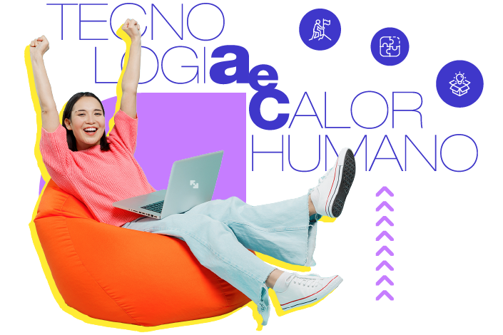 mulhr asiática branca sorrindo com notebook no coloco e o lettering com os dizeres tecnologia e calor humano