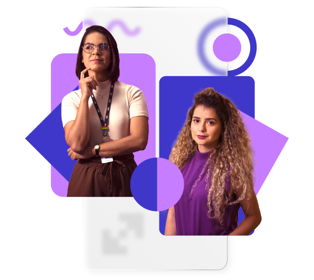 Duas mulheres brancas a da esquerda cabelo curto e liso com óculos, a da direita cabelo cacheado, ambas sem sorrir e pensativ